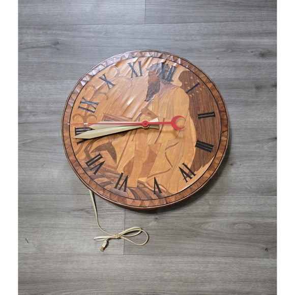 Vintage Father Time Wooden Inlay Art Deco‎ Clock Circa 1930's